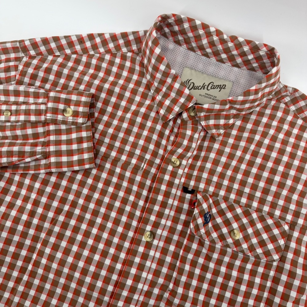 Duck Camp Fishing Shirt Mens XXL Orange Brown Gingham Performance‎ Long Sleeve
